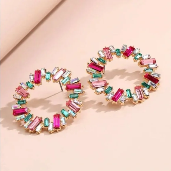 New Zara champagne multicolor pink green zircon earrings - Picture 3 of 3